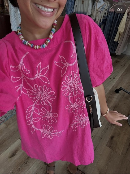 Umgee Dresses & Skirts - Umgee Pink Embroidered Dress S Puff Sleeve Floral Boho Cottagecore Mini Dress